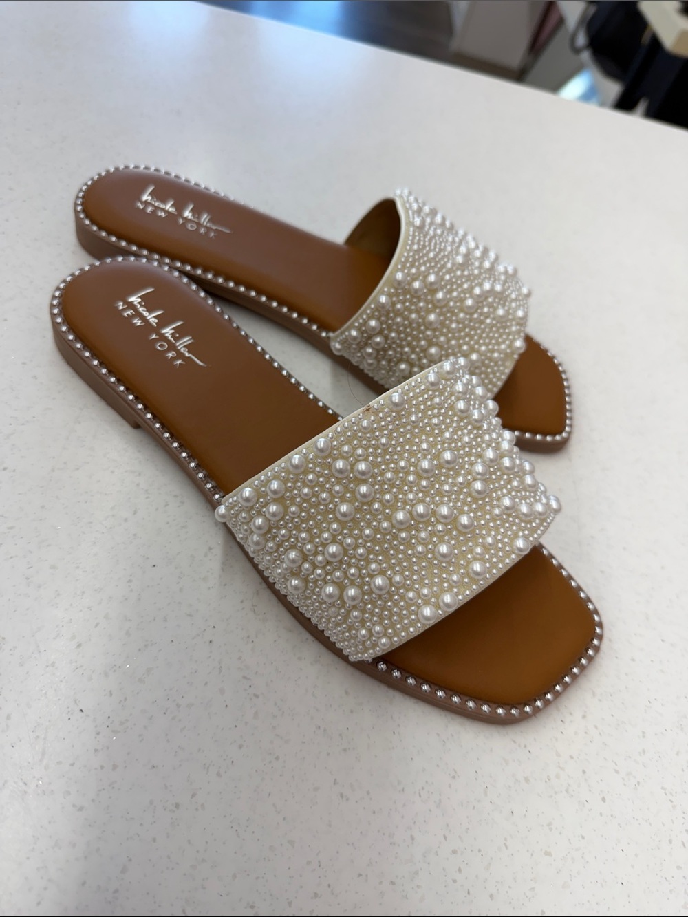 Nicole Miller White Pearl Embellished Slide Sandals - Picture 3 of 4
